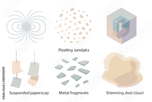 Abstract Poetic Elements. Isometric vector illustration set of Abstract Poetic Objects: magnetic field lines, floating sand