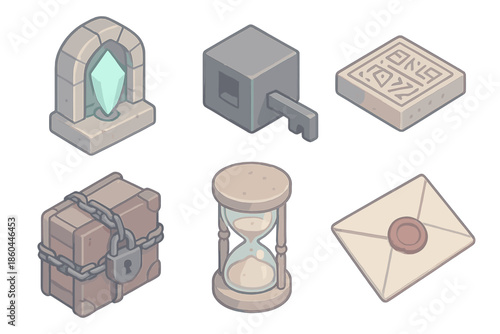 Shadow Archive Icons. Isometric vector illustration set of Shadow Archive Chamber: glowing crystal lock, obsidian cube key, etched