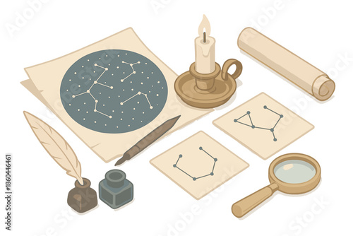 Astronomer's Desk Essentials. Isometric vector illustration set of Astronomer’s Desk: night sky map, ink-dipped pen, constellation