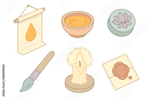 Rainy Season Icons. Isometric vector illustration set of Rain Season Archive: hanging scroll with golden ink, saffron pigment bowl