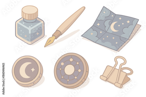 Astral Calligraphy Tools. Isometric vector illustration set of Astral Calligraphy Set: bottle of shimmering ink, gold nib pen,