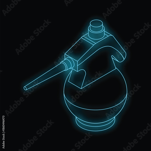 Neon blue spray bottle glowing on a dark background, creating a futuristic and visually striking image
