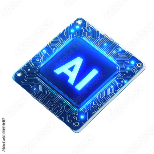 Illuminated Blue AI Chip Depicted on a Square Circuit Board with Digital Microchip Components Centered against Transparent Background