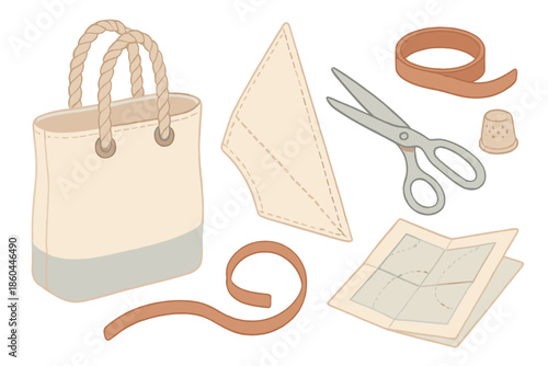 Coastal Craft Studio Icons. Isometric vector illustration set of Coastal Craft Studio: canvas tote with rope handles, old sail