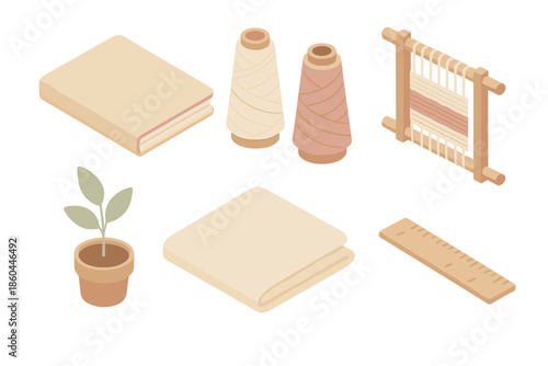 Minimalist Textile Workspace. Isometric vector illustration set of Minimalist Textile Workspace: recycled paper notebook, cotton