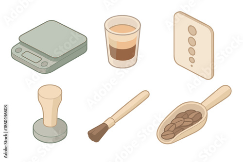 Espresso Timing Toolkit. Isometric vector illustration set of Extraction Timing Kit: espresso scale, shot glass, grind size chart,