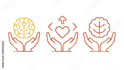 Minimalist icons for mental health, meditation, brain balance, psychology, and self-care, soft line art style.