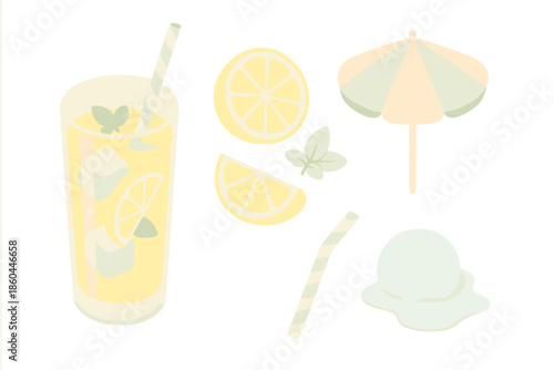Lemonade Summer Icons. Isometric vector illustration set Lemon Ice Summer: glass of lemonade with ice cubes, sliced lemons, mint