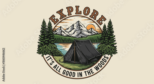 Retro Camping Emblem: Explore, Mountains, Lake, Tent, Trees, Sunset - Adventure Graphic.