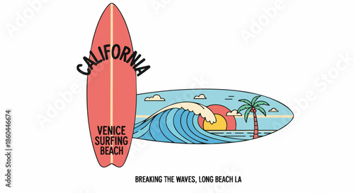 Retro California Venice Beach Surfing Scene with Surfboard and Palm Tree Illustration.