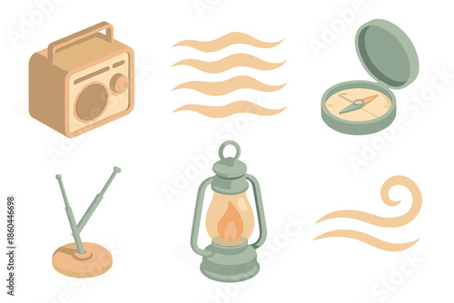 Retro Desert Vibes. Isometric vector illustration set Echoes Across Dunes: retro speaker box, shifting sand lines, open compass,