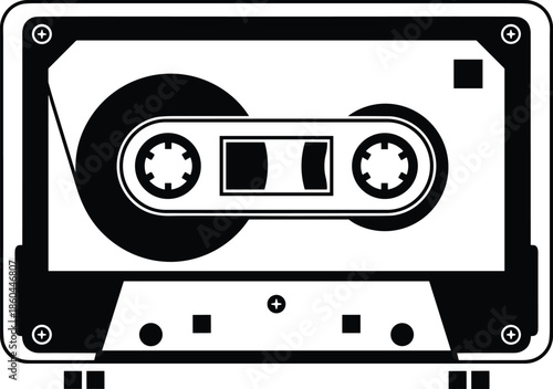 Retro audio cassette tape vector illustration, vintage music technology symbol, analog sound recording media, 80s nostalgia design element, black white.