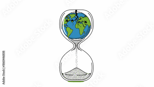 Earth illustration in hourglass, symbolizing time passing on our planet from a front view