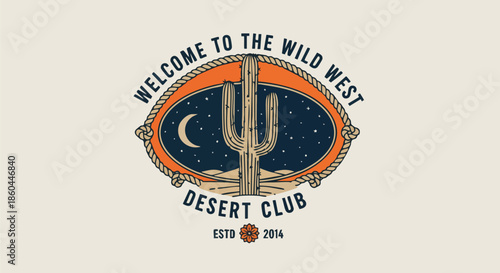 Retro Desert Club Emblem with Saguaro Cactus and Crescent Moon Under Starry Night Sky.