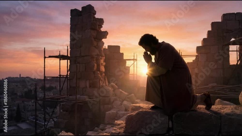 Nehemiah Praying on Broken Walls of Jerusalem Silhouette, Rebuilding the City and Spiritual Leadership, 4K Biblical Video