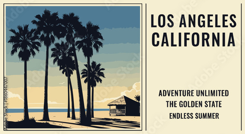 Retro Los Angeles California Beach Scene with Palm Trees and Tropical Hut - Travel Poster Design.
