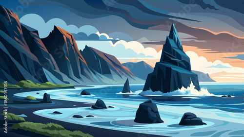 A black sand beach with crashing waves, surrounded by towering cliffs and sea stacks in the distance under an overcast sky