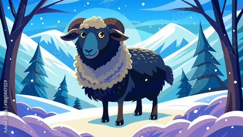 A black sheep standing in the snow, with its thick, woolly coat and curved horns