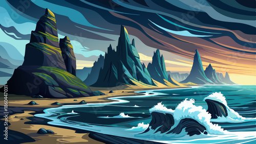 A black sand beach with crashing waves, surrounded by towering cliffs and sea stacks in the distance under an overcast sky