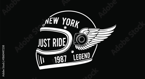 Retro Motorcycle Helmet with Wings and "New York Just Ride 1987 Legend" Text - Vintage Biker Graphic.