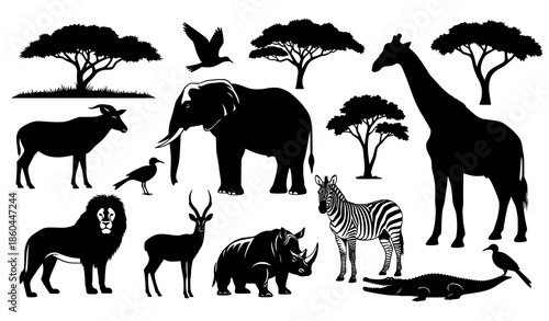 African Wildlife Animal Silhouettes Vector Illustration Set on White Background