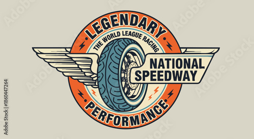 Retro Motorcycle Speedway Emblem with Wings and Tire - Legendary Performance.