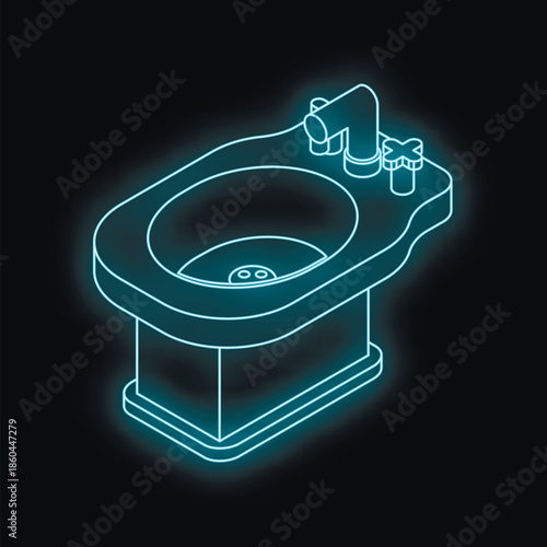 Glowing blue neon bidet illuminating a dark bathroom, adding a touch of modern design