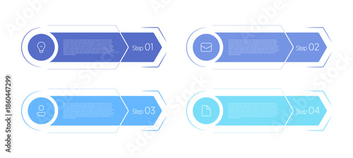 A 4-step chevron infographic uses angled arrow shapes (chevrons) to visually represent a sequential process, often in presentations for clarity and flow. 