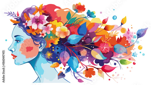 Vibrant floral hair art featuring a serene woman profile