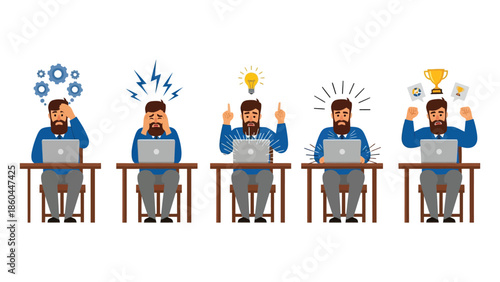 Man Working on Laptop Vector Illustration – Bearded Office Worker, Programmer, and Work Success.