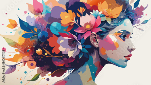 Vibrant floral portrait of a woman with colorful hair