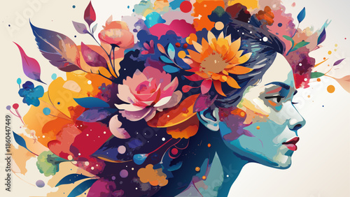 Vibrant floral portrait of a woman with colorful hair
