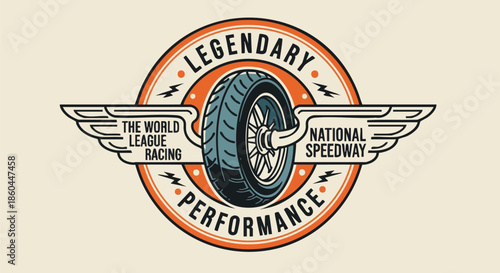 Retro Racing Emblem with Tire and Wings for Sports and Automotive Performance Branding.