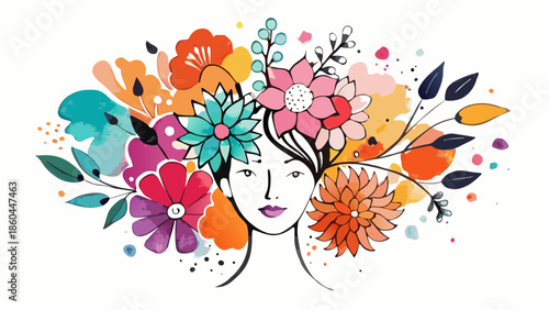 Beautiful woman surrounded by colorful flowers and leaves