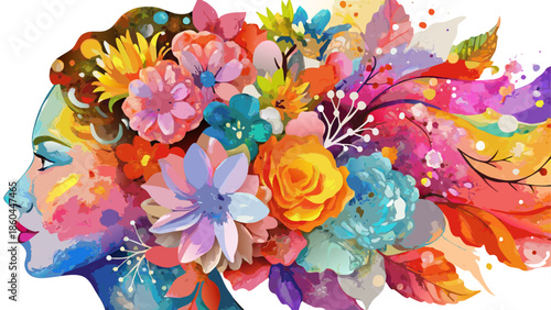 Vibrant floral portrait of a woman with colorful hair