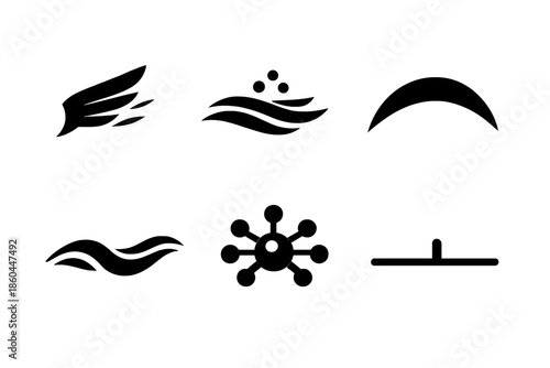 Harmonized Motion Icons. Solid style icons of Harmonized Motion: drift wing, sand mark, soft arc, flowing thread, luminous node,