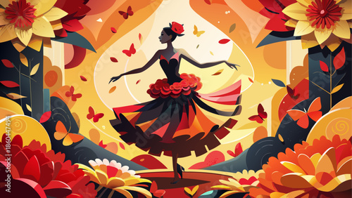 Woman dancing in floral garden with butterflies