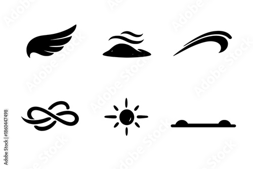 Gentle Guidance Icons. Solid style icons of Gentle Guidance: drift wing, sand mark, flowing arc, soft thread, luminous node,