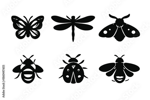 Delicate Insect Icons. Solid vector icons of delicate insects: butterfly, dragonfly, moth, bee, ladybug, firefly No text, No