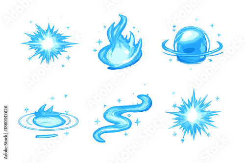 Ethereal Energy Icons. Solid vector icons of ethereal energy: glow, aura, pulse, ripple, shimmer, spark No text, No labels,