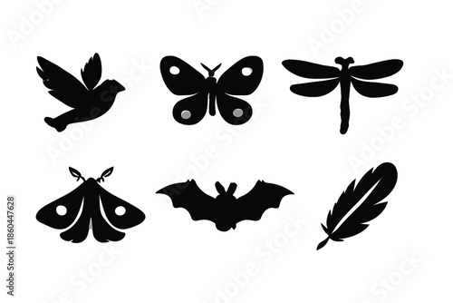 Winged Creatures Icons. Solid vector icons of winged creatures: bird, butterfly, dragonfly, moth, bat, feather No text, No labels,