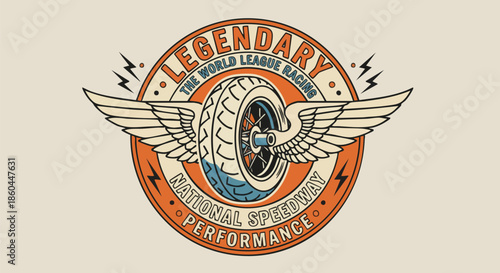 Retro Speedway Motorcycle Tire Emblem with Wings and Lightning Bolts.