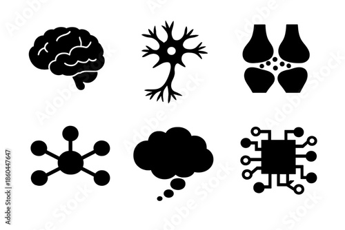 Cognitive Tools Icons. Solid vector icons of cognitive tools: brain, neuron, synapse, mind map, thought bubble, circuit No text,