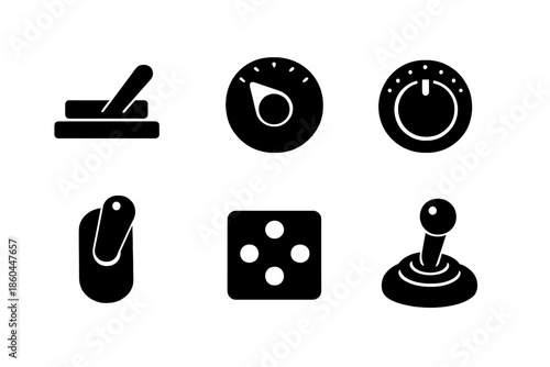 Control Tools Icons. Solid vector icons of control tools: lever, dial, knob, switch, pad, joystick No text, No labels, isolated