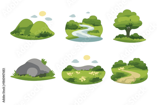 Calm Landscape Icons. Solid vector icons of calm landscapes: hill, river, tree, rock, meadow, path No text, No labels, isolated