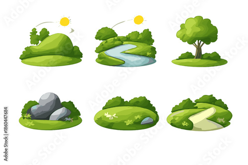 Calm Landscape Icons. Solid vector icons of calm landscapes: hill, river, tree, rock, meadow, path No text, No labels, isolated