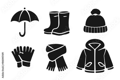 Weather Accessories Icons. Solid vector icons of weather accessories: umbrella, rain boots, hat, gloves, scarf, jacket No text, No