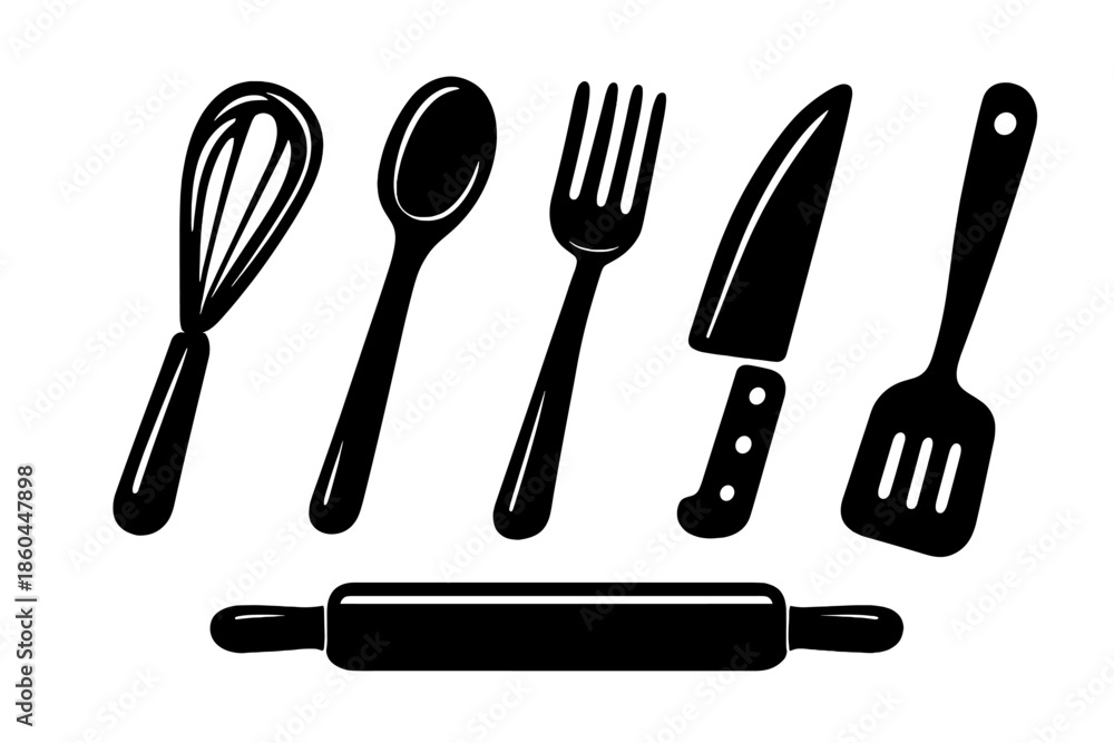 Naklejka premium Playful Kitchen Icons. Solid vector icons of playful kitchen tools: whisk, spoon, fork, knife, rolling pin, spatula No text, No
