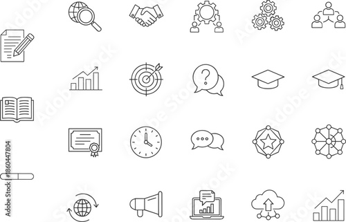 Set of professional customer support and technical service line icons featuring headsets, help desk tools, maintenance wrenches, chatbots, and communication symbols.