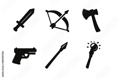 Combat Weapons Icons. Solid vector icons of weapons and combat: sword, bow, axe, gun, spear, magic staff No text, No labels,